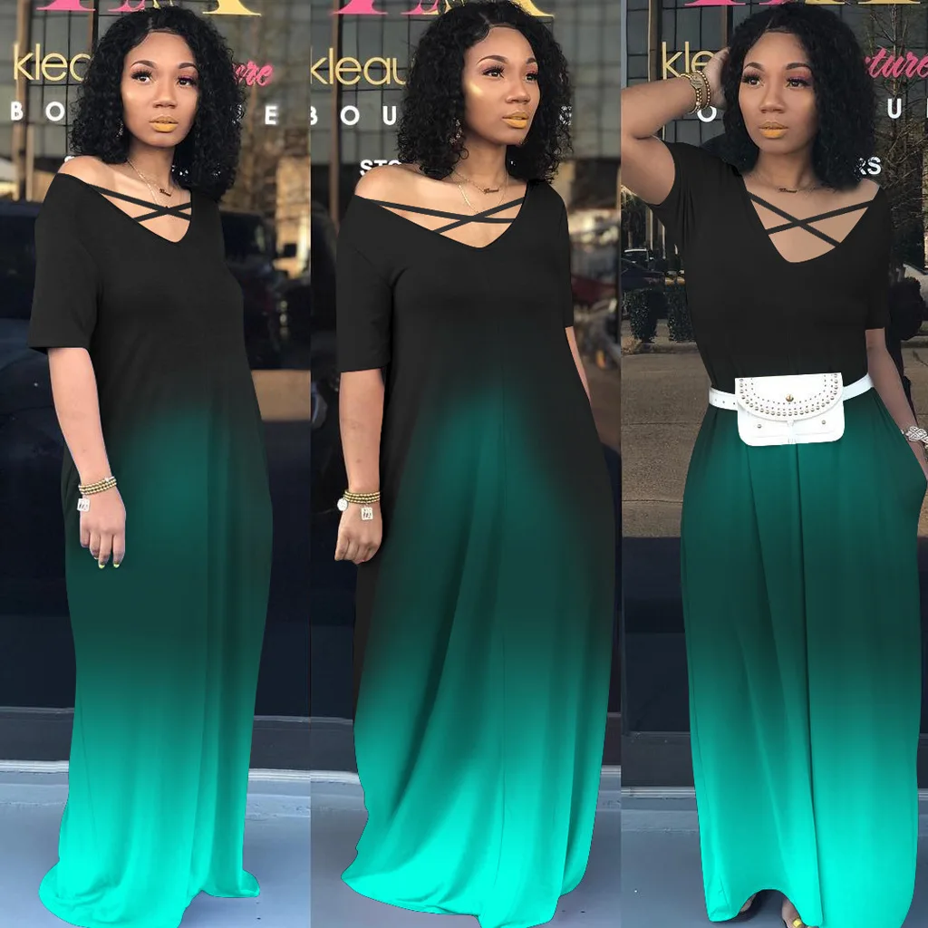 

Dress For Woman Fashion New Arrivals Casual Printing Summer Short Sleeve Pockets On Both Sides Office Lady Middle Waist Gradient