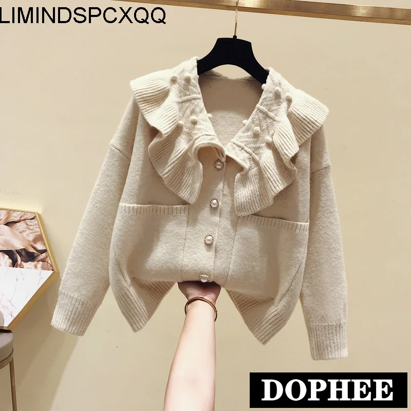 

Sueter Mujer Ladies Ruffled Collar Sweaters Autumn 2021 New Single Breasted Long Sleeve Cardigans Loose Korean Knitted Coats
