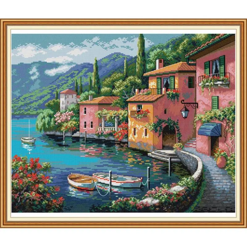 

Joy Sunday Cross Stitch Kit Colorful House By The Water Patterns 14CT 11CT Print Cross Stitch Handmade Embroidery Needlework Set