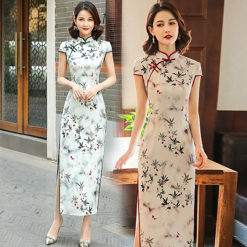 

Новые летние длинные шелковые Cheongsam улучшилось ежедневные вечерние Cheongsam Яркая футболка с короткими рукавами Традиционный китайский женск...