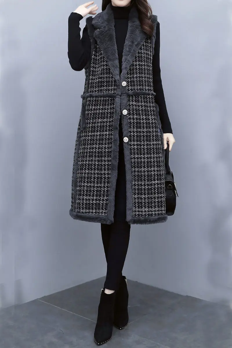

Tweed Plaid Vest Fall/Winter Jacket Ladies Loose Mid-Length Fashion Lamb Wool Waistcoat Faux Fur Coat Large Size Clothing Y839