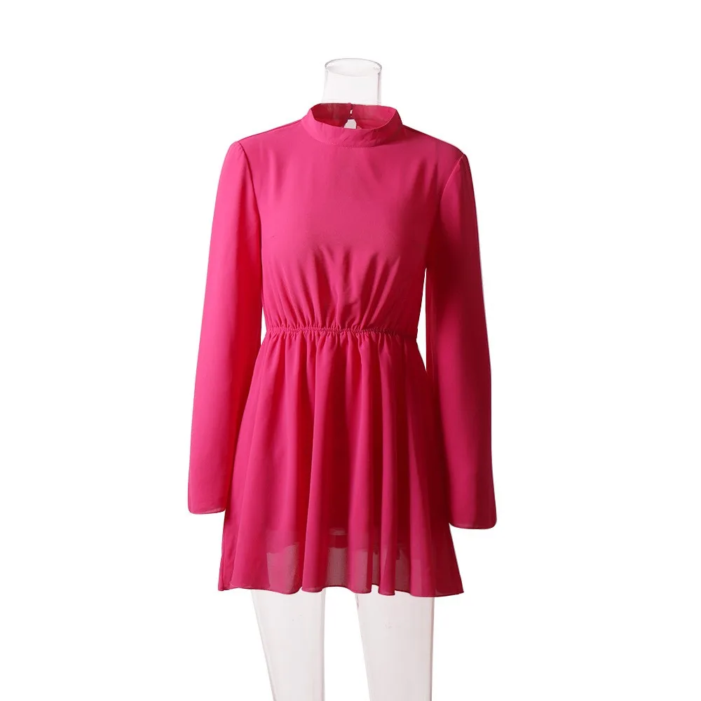 Однотонное осеннее шифоновое платье с открытой спиной и круглым вырезом женское