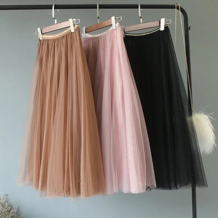 

Women Summer Long Sexy Black Mesh Tutu Skirt for Girls Tulle Pleated Princess Casual Elegant Cute Sweet School Skirts High Waist