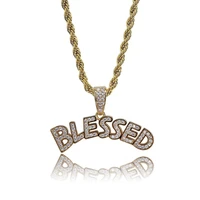 18k gold plated bling cz simulated diamond iced letters blessed pendant necklace hip hop chain jewelry for men charm gifts