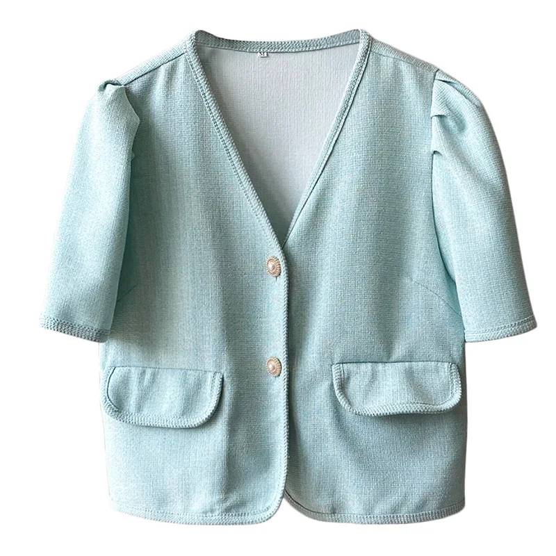 

Yeeloca Elegant V-neck Jacket Women's 2021 Summer New Solid Loose Coat Korean Style Bubble Sleeve Short Top