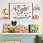 Картина на холсте с мультяшными животными, картой мира, плакаты и принты в скандинавском стиле, настенные картины для украшения гостиной без рамки