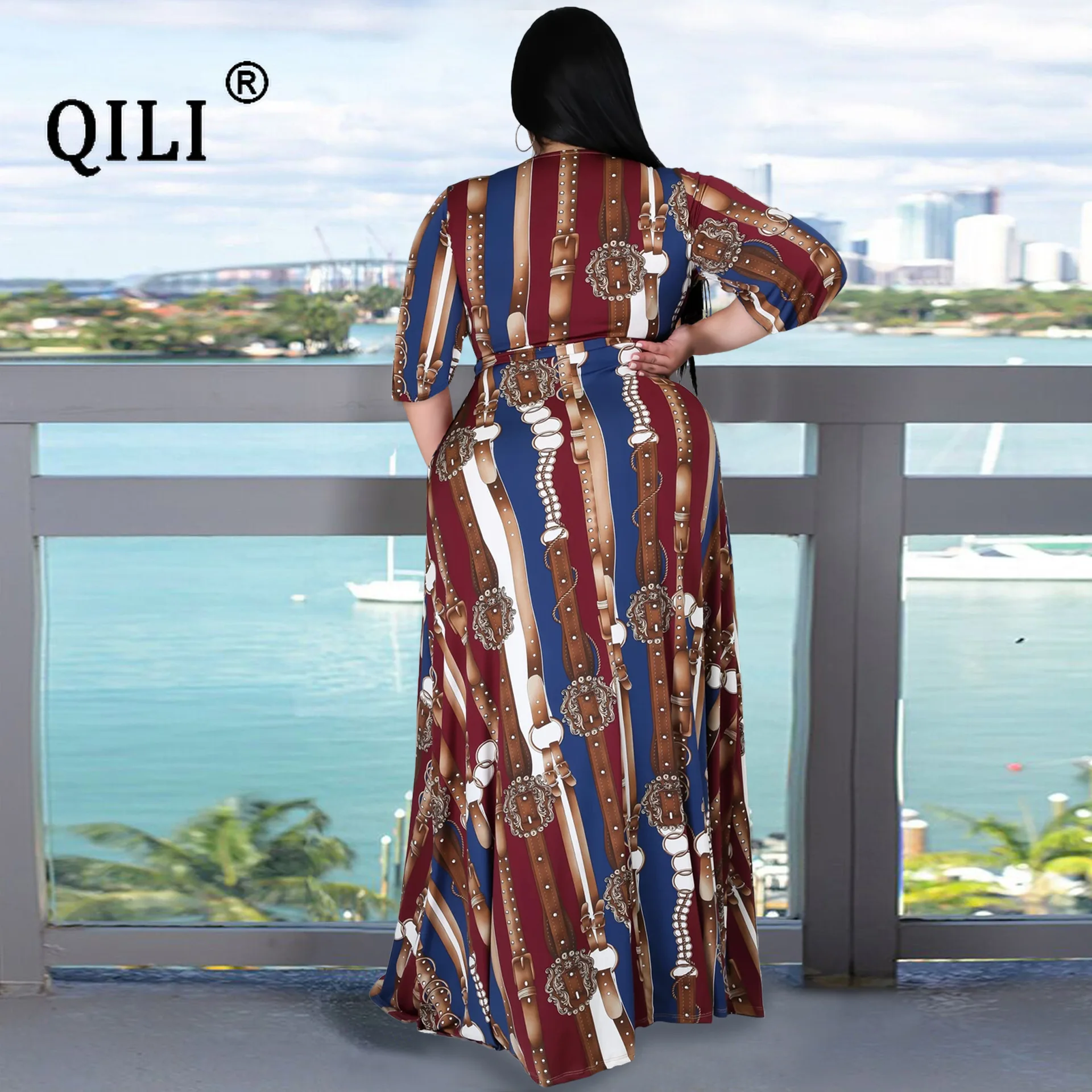 

QILI Plus Size Maxi Dress Womens Bohemian Beach Print Dress V-neck Half Sprit Loose Dresses Summer Casual Vacation
