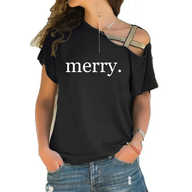 

Merry Christmas Print Women T Shirt Thanksgiving Ladies Casual T-shirt Summer Casual Irregular Skew Cross Bandage Tops Tee