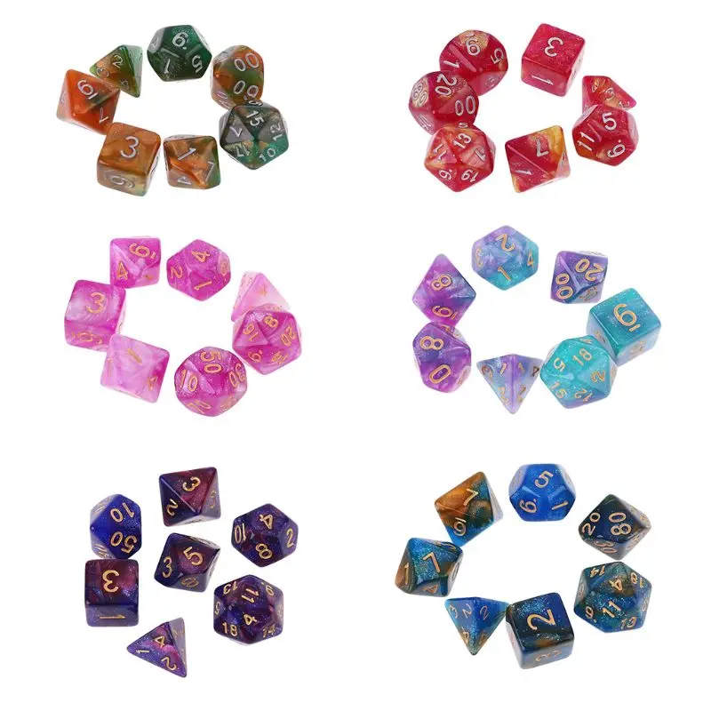 

7pcs/set Dichromatic D4 D6 D8 D10 D12 D20 Polyhedral Dices Numbers Dials Desktop