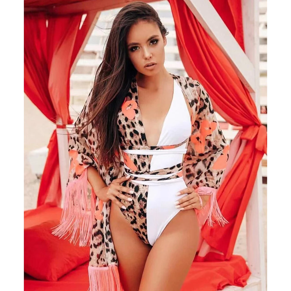 Леопардовый лоскутный цельный бикини сексуальный глубокий v-образный вырез