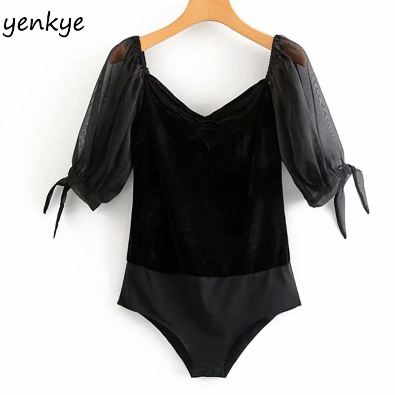 Женское бархатное боди с коротким рукавом и V образным вырезом|Боди| |