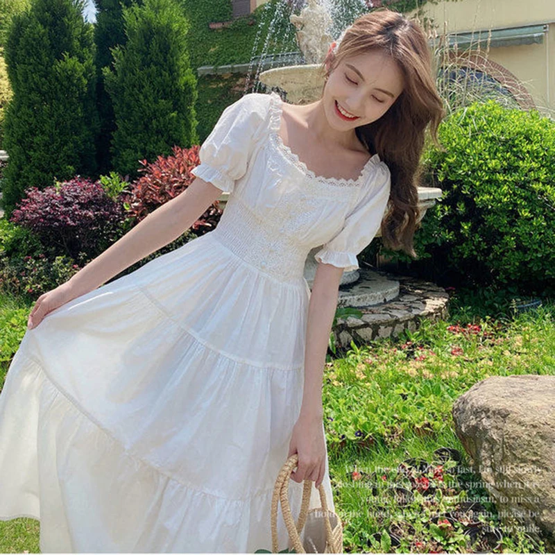 

Women Summer Party Dress Vintage Lady France Style Puff Sleeve High Waist Square Collar Lace Long Dress Elegant Vestido 2021