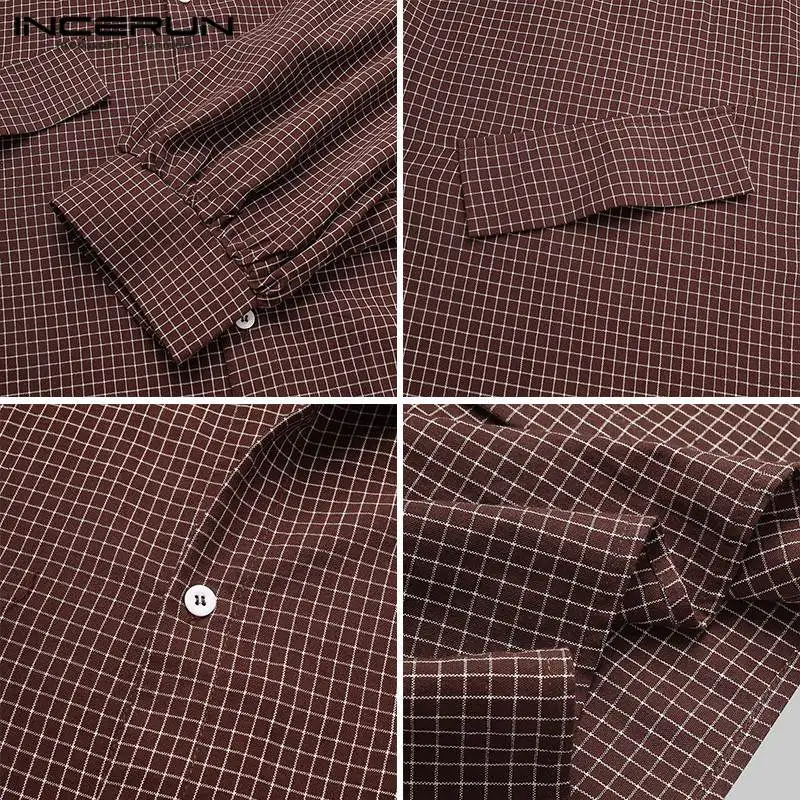 

INCERUN 2021 Men Plaid Casual Shirt Lapel Loose Streetwear Long Sleeve Blouse Cotton Korean Style Fashion Unisex Shirts S-5XL
