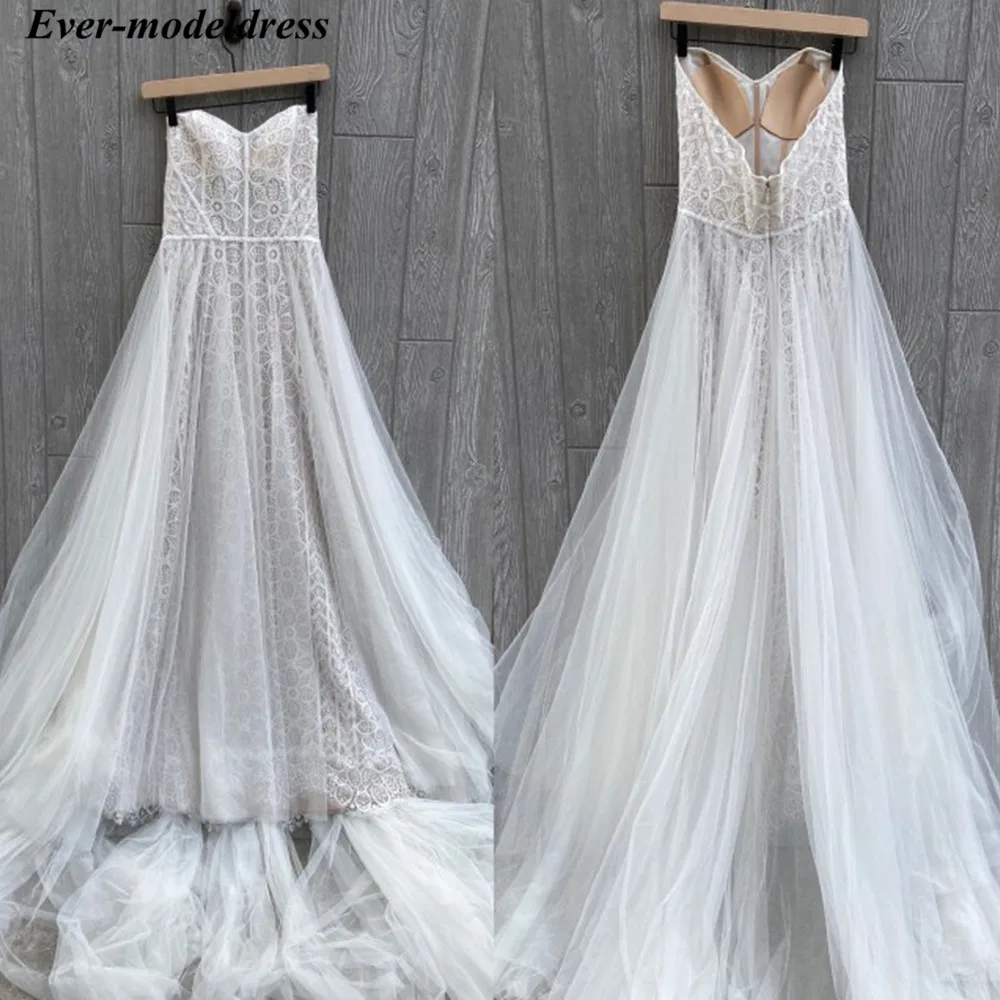 

Simple Lace Boho Beach Wedding Dress For Bride Strapless Open Back Floor Length A Line Bridal Gown Real Photos Vestidos De Noiva