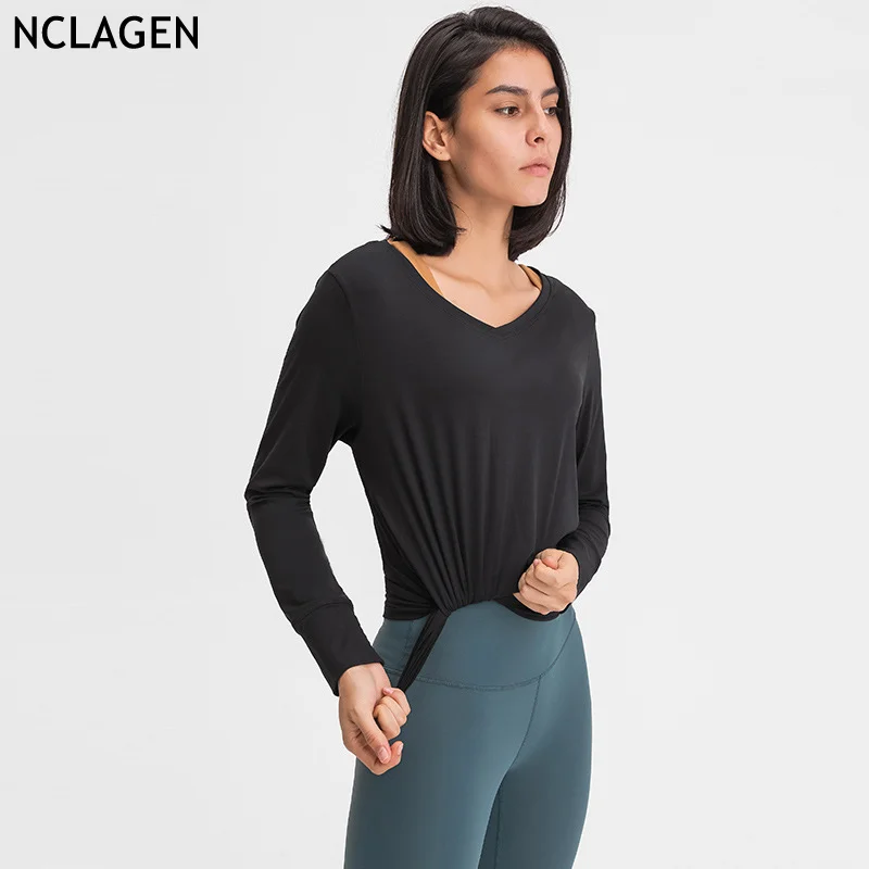 

NCLAGEN Autumn Winter U-neck Loose Slim Long Sleeves Shirts Yoga Clothes Gym Sport Workout Running Women Breathable Fitness Top