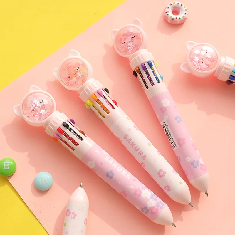 

1pc Cherry Blossom Cat 10 Color Hand Account Ball Point Pen 0.5 Multifunctional Color Push Pen for Students Back To School