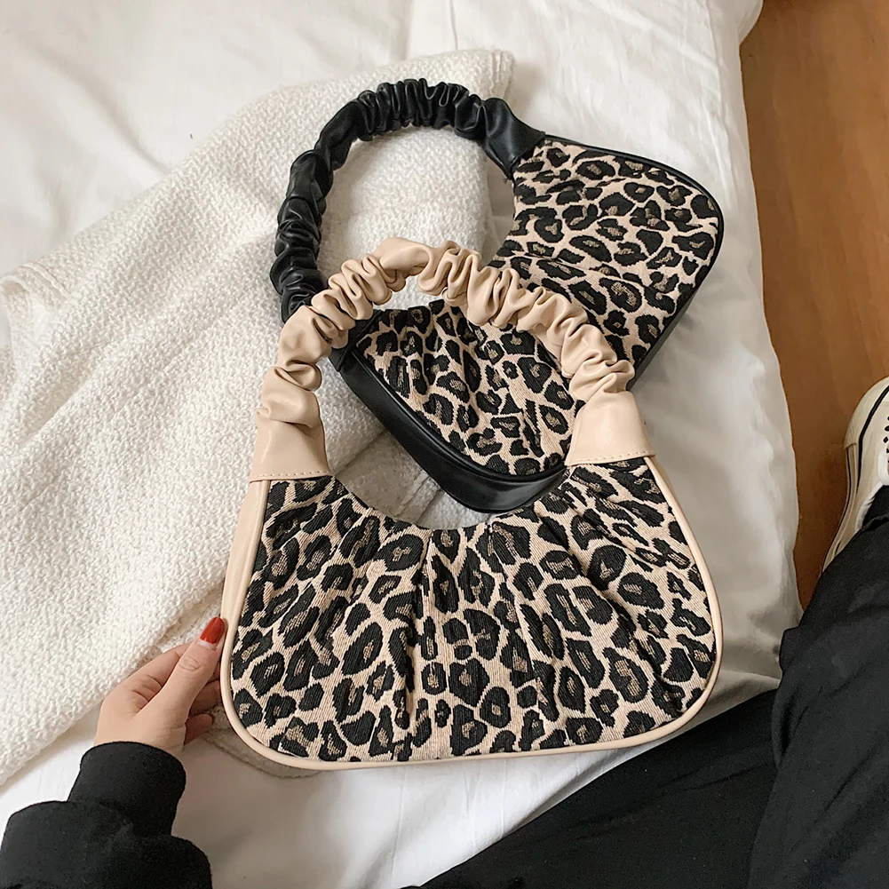 

Fashion Leopard Print Pleated Underarm Bag PU Leather Shoulder Bag Women Casual Small Handbag Purse Casual All-match Armpit Bag