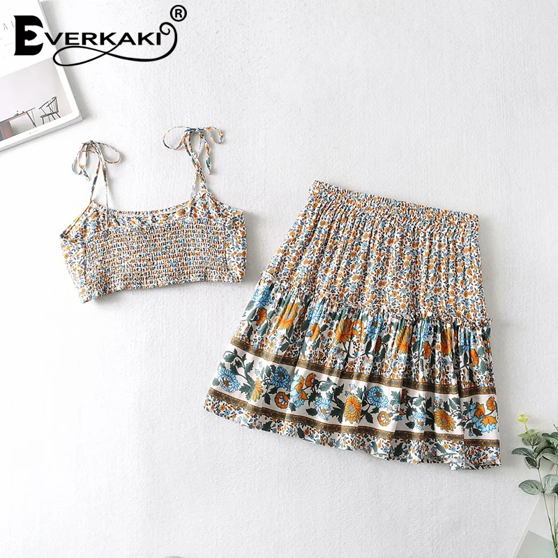 

Everkaki 2 Pieces Sets Suits Women Boho Print Summer Beach Ladies Camis and Elastic Mini Skirt 2PCS Suits Sets Female 2021 New