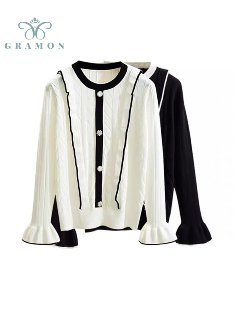 

Pullover Knitted Mujer Tops Spring Autumn New Fashion Flare Long Sleeve Solid Color Plus Size Loose Woman Button O-neck Sweater