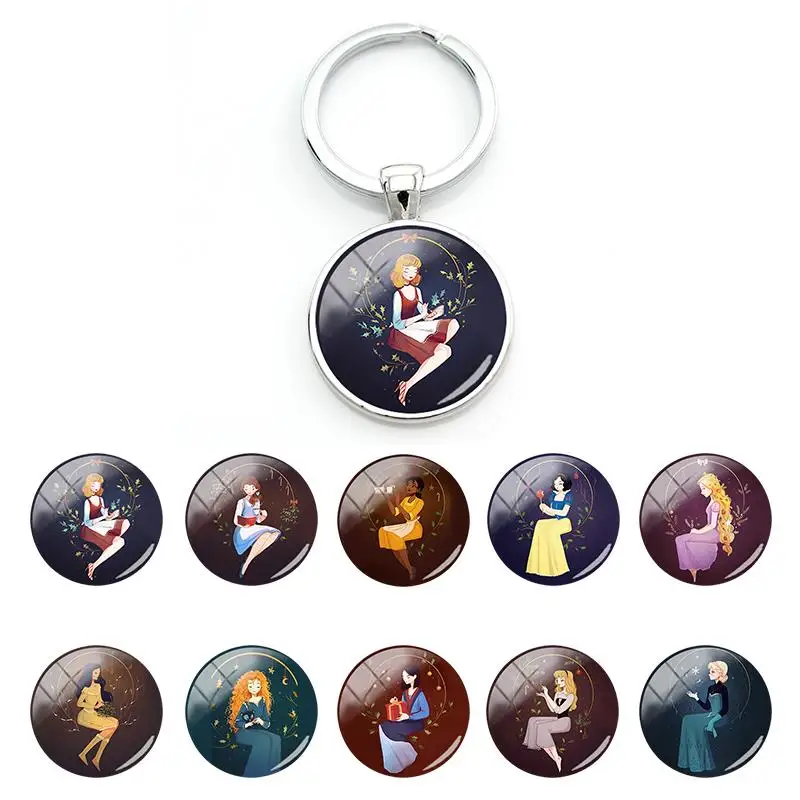 

Disney Cabochon Dome Newly Keyrings Gentle Princess Cartoon Image Round Glass Pendant Keychains Decoration Christmas Gifts FSD79