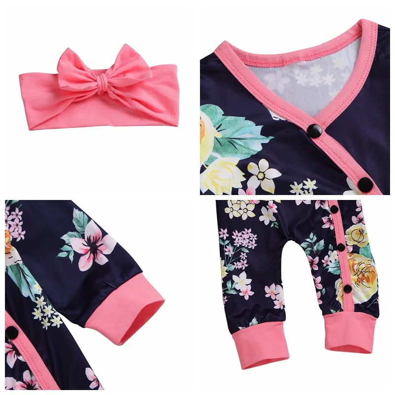 

Infant Newborn Baby Girls Cotton Romper Jumpsuit Floral Long Sleeves Headband