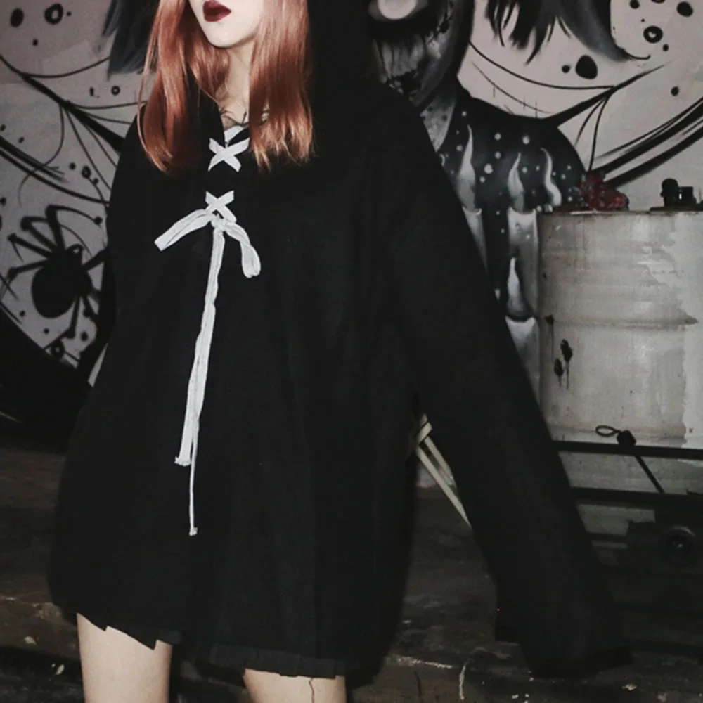 Женская Черная толстовка с капюшоном в готическом стиле v образным вырезом для