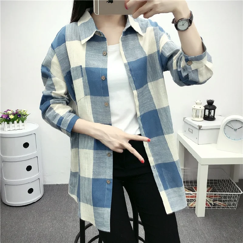 Летняя женская рубашка с длинным рукавом хлопковая Свободная средней и длинной