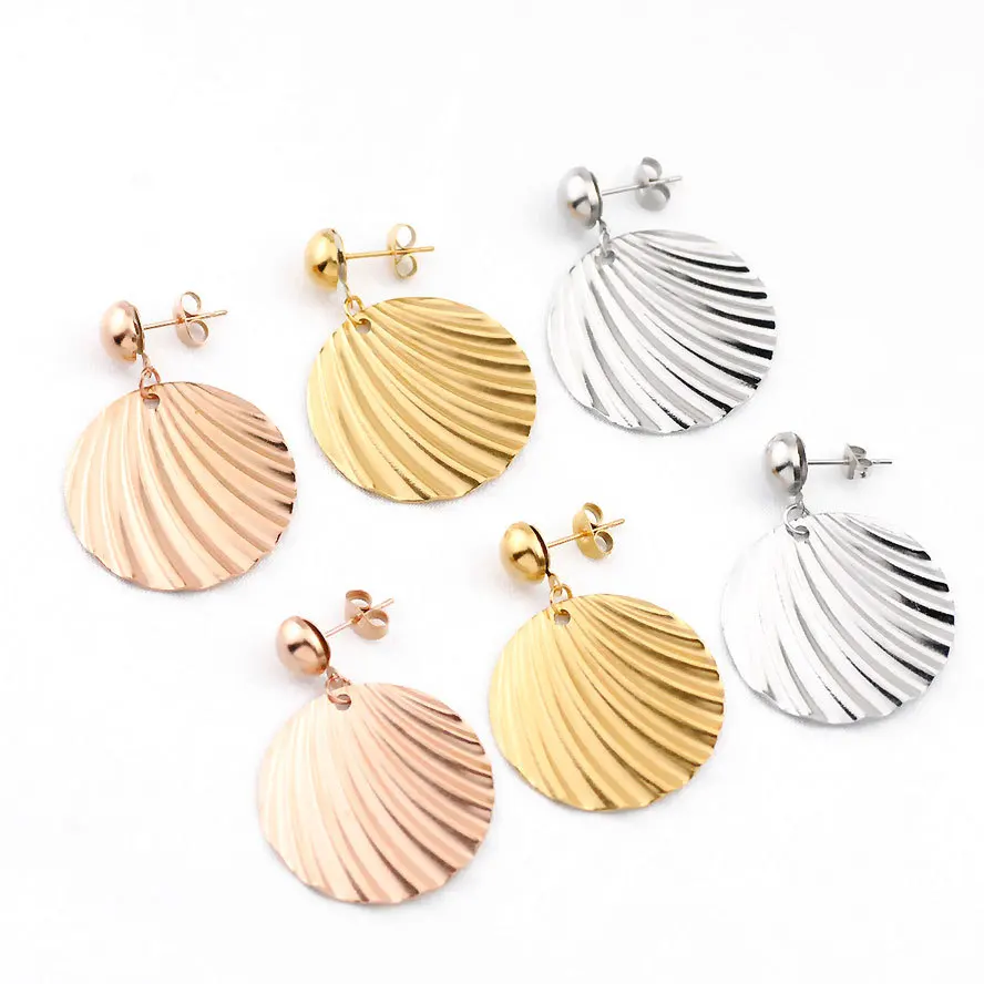 

100% Stainless Stain Shell Pattern Embossed Pendant Eardrops For Women Gold/ Steel/ Rose Gold Color Trandy Big Earrings