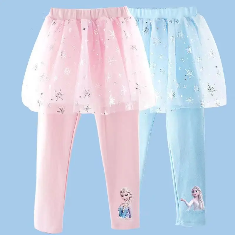 

Spring Autumn Girl Cute Mesh Skirt Pant Cartoon Frozen Anna Elsa Princess Baby Girl Pink Blue Skirt Trouser Lace Legging Clothes