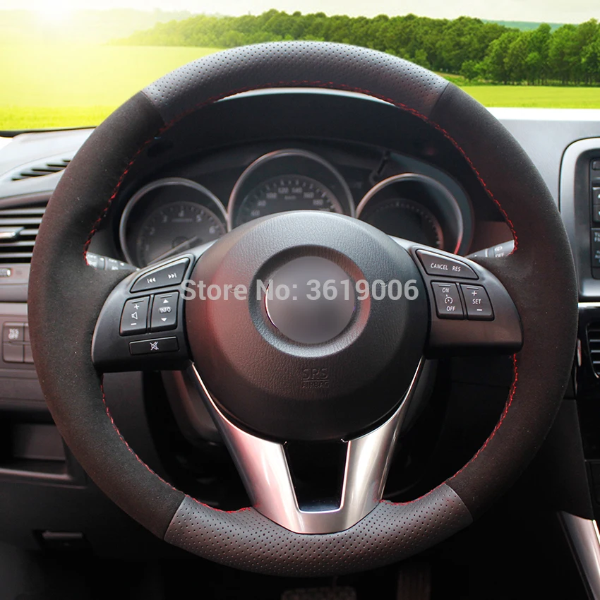 

DIY Steering Wheel Cover Wrap Black Suede Black Leather Hand Sewing For Mazda CX-5 CX5 13-2015 Mazda 6 Atenza Mazda 3 2014 2015