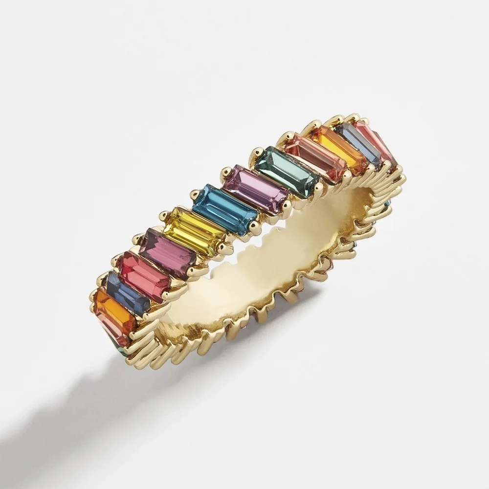 

Dainty Rainbow Ring Colorful Multi Color CZ Eternity Square Baguette Finger Gold Ring Women Females Jewelry Accessory