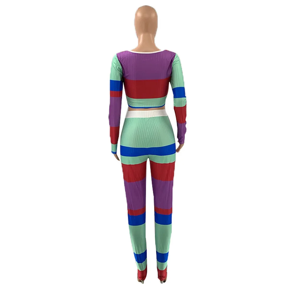 

Multicolor Striped Patchwork 2 Piece Sweat Suits Women's Sets Knot Tie Long Sleeve Short Top and Skinny Legging Casual Outfits