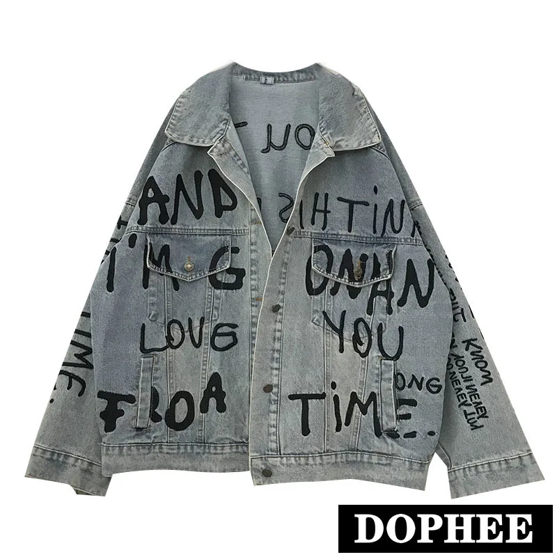 

2020 Spring New Vintage Industrial Embroidered Letters Loose Cowboy Jacket BF Holes Washing Jeans Coat Female Denim Jackets