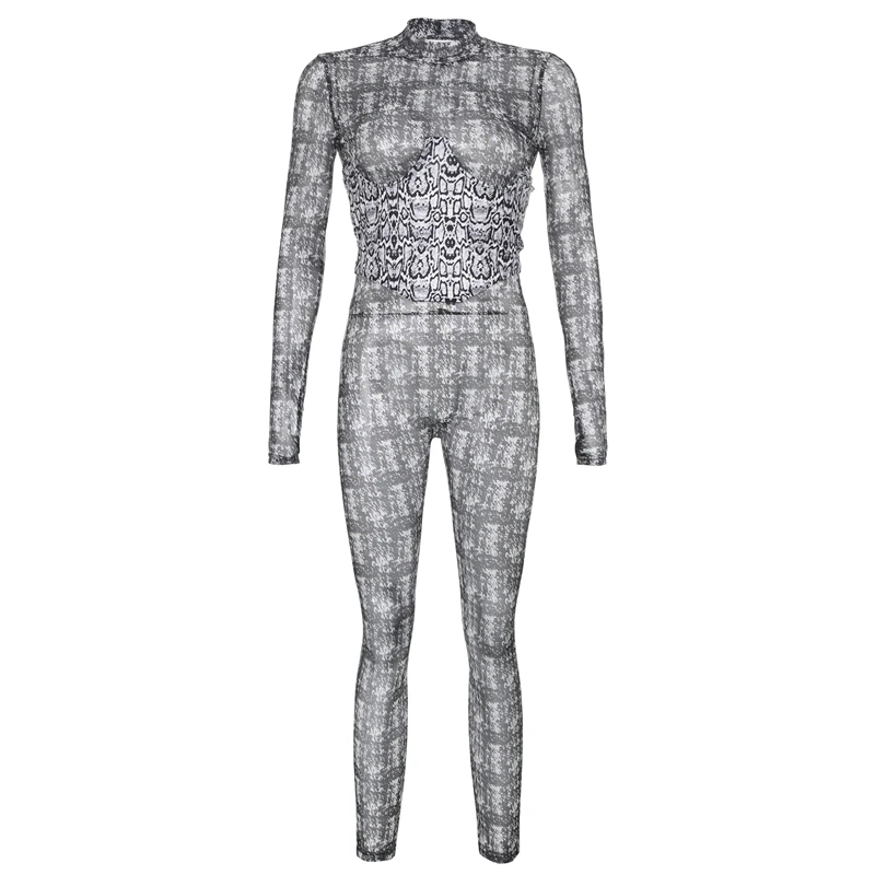 

BIIKPIIK Plaid Print Women Jumpsuits With Corset Two Piece Set Backless Mesh Sexy Jumpsuit Casual Streetwear Womens Clothing