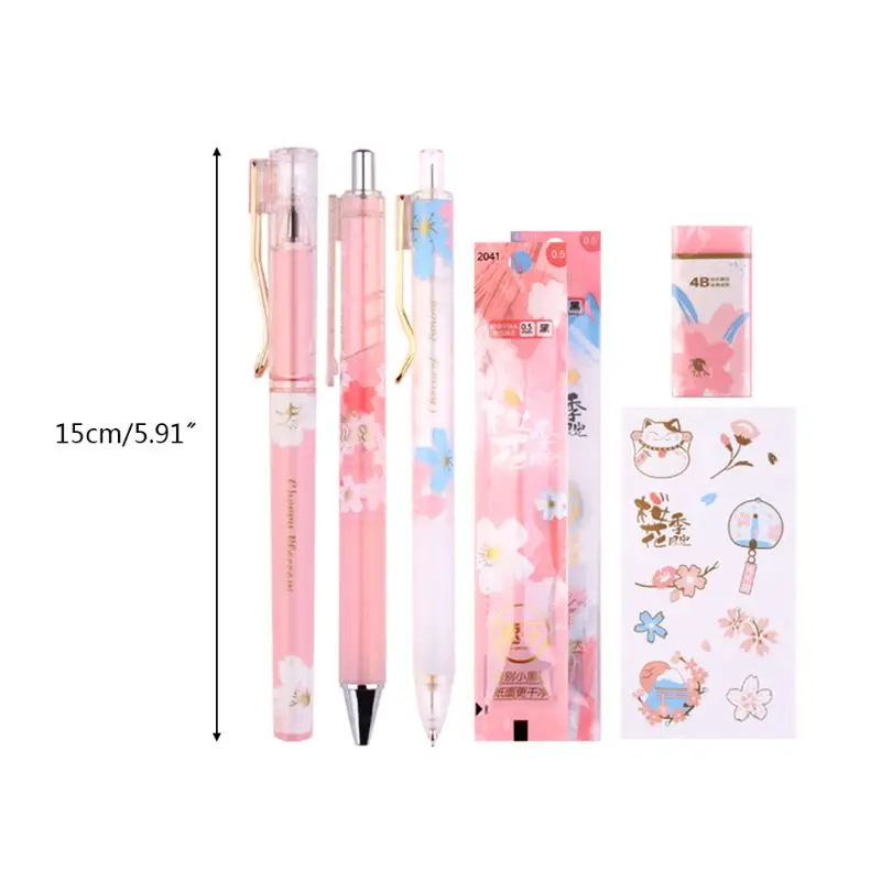

1 Set Cherry Blossoms Ice Gel Pen Eraser Sticker Black Ink 0.5mm Signature Pens for Students Office School Supplies