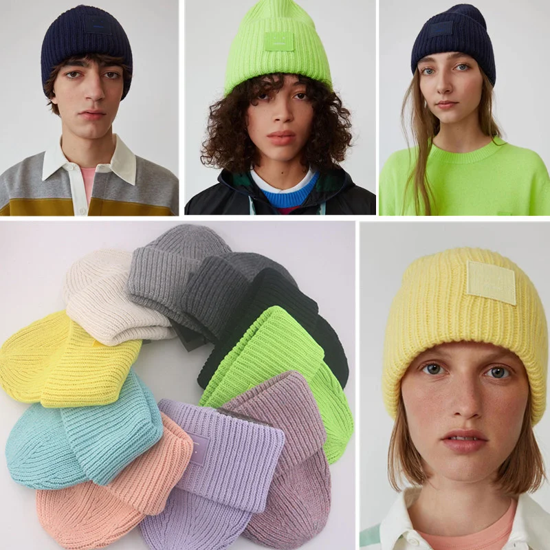 

Women's Men's Winter Hats For Women Knitted Hat Warm Soft Beanie New Couple Square Smiley Face Embroidery Cap шапка женская 2021