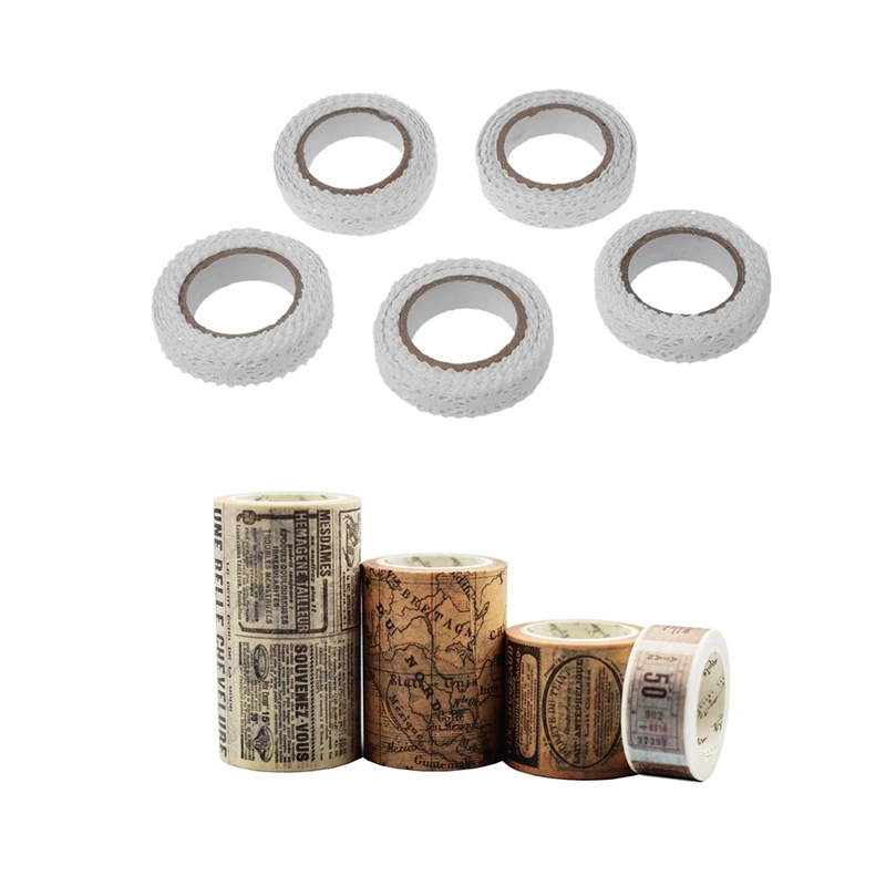 

5Pcs Lace Ribbon Decorative Adhesive Sticker White & 4Pcs Gothic Washi Tape Set Vintage Washi Tape Masking Tape