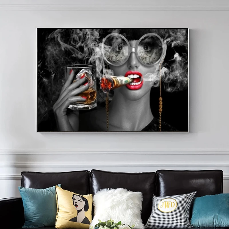 Bar Wall Decor Cool Smoking and Drinking Gril Poster Print on Canvas Fashion Makeup Woman Pictures Home Decoration No Frame | Дом и сад