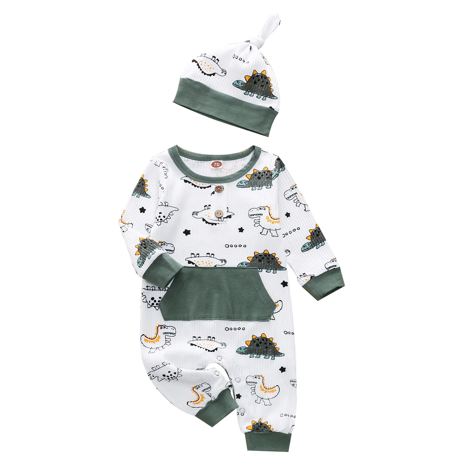 

Baby Romper with Cap Kids Dinosaur Print Round Neck Long Sleeve Jumpsuit with Pocket+ Hat 0-24 Months