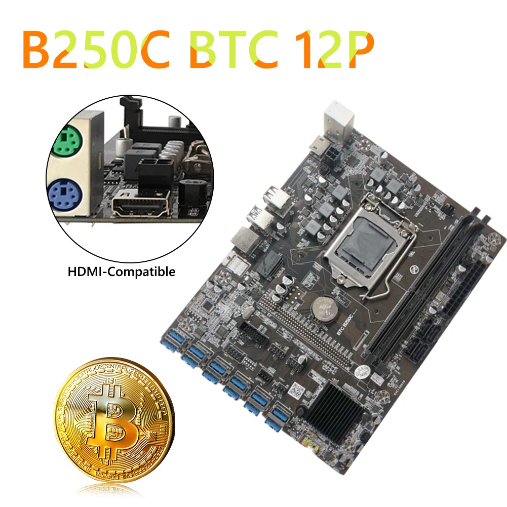 

Материнская плата для майнинга B250 BTC с кабелем SATA + коммутационный кабель LGA 1151 DDR4 12x, слот для графической карты USB3.0 для майнинга BTC