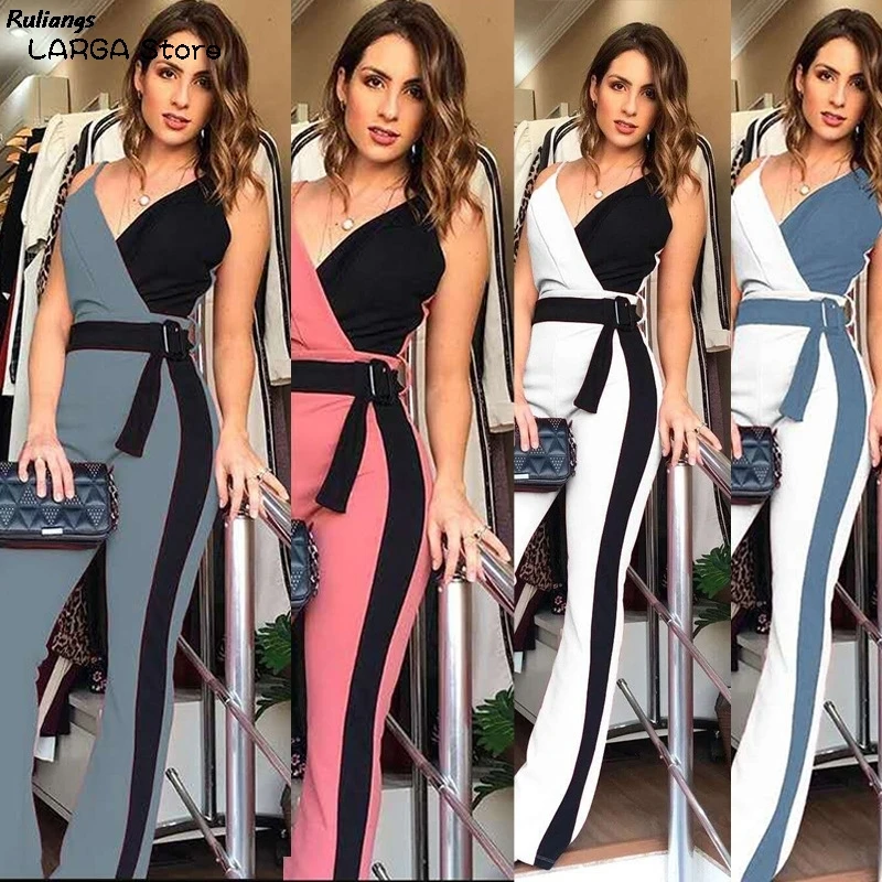 

2021 Women's Summer Waistband Black And White Double Sling Jumpsuit Ladies Fashion Color Matching Camisole Jumpsuit S-2XL Rulang