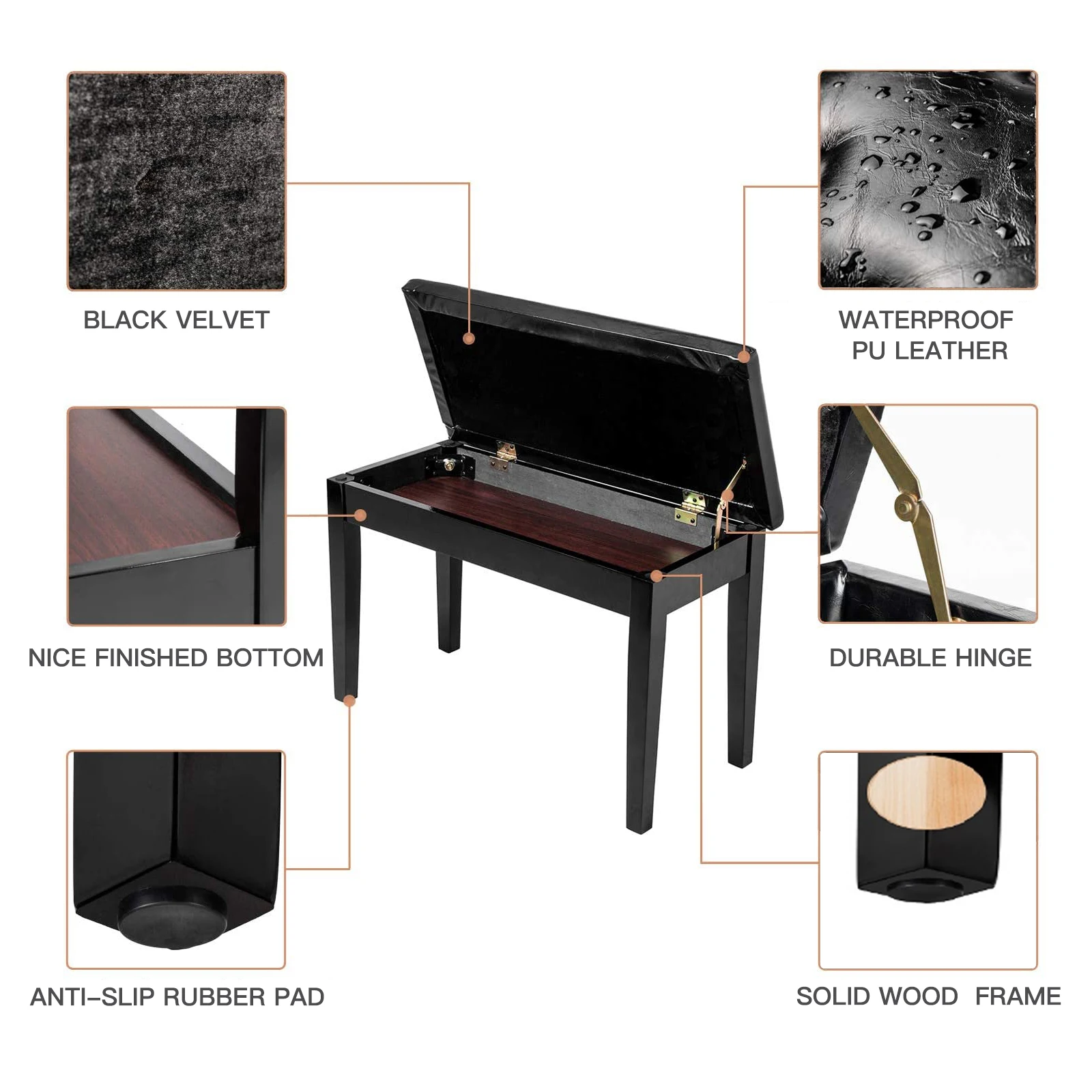 

30Inch Wooden Piano Stool Bench with Storage Multifunction Black[US-Stock]