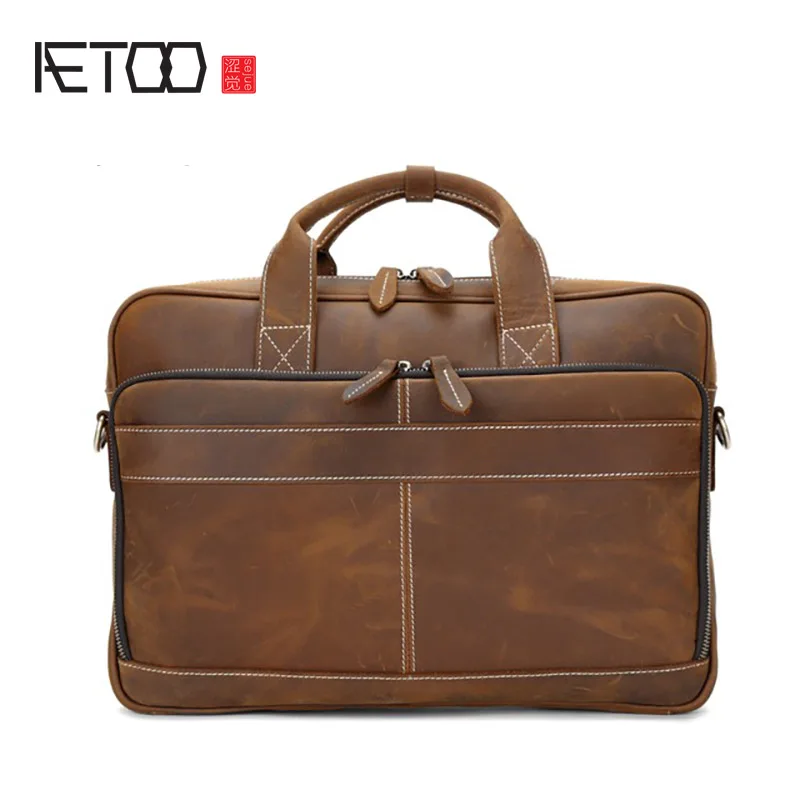 

AETOO Crazy horse leather retro men's shoulder bag, leather laptop bag, men's portable briefcase