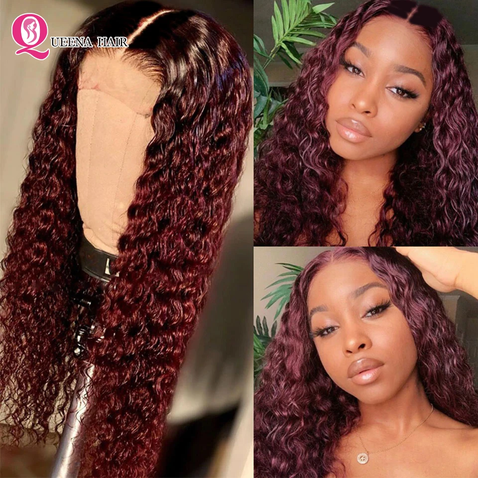 

Deep Wave Closure Wig HD Transparent Lace Frontal Wig 4x4 Lace Closure Wig Human Hair 1B Burgundy PrePlucked For Black Women