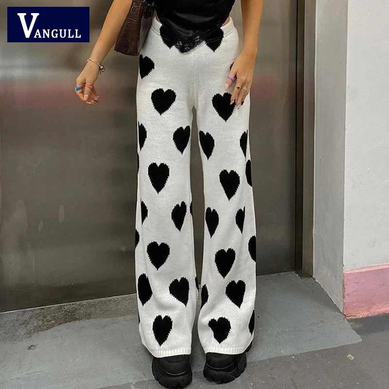 

Vangull Black Heart Print Knit Wide Leg Pants Women Fashion High Waist Baggy Y2K Sweatpants White Trouser Capri Streetwear Pants