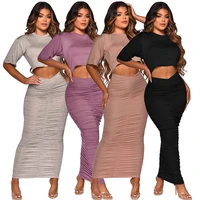 skmy 2021 ruched solid color tracksuit women short sleeve crop tops and long skirts casual clothes sexy two piece set