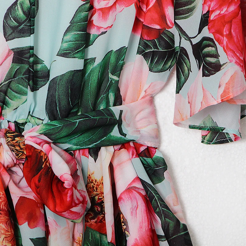 

SISPELL Print Flower Women's Dress Stand Collar Short Sleeve Print Hit Color High Waist Slimming Bowknot Ruched For Female Dress