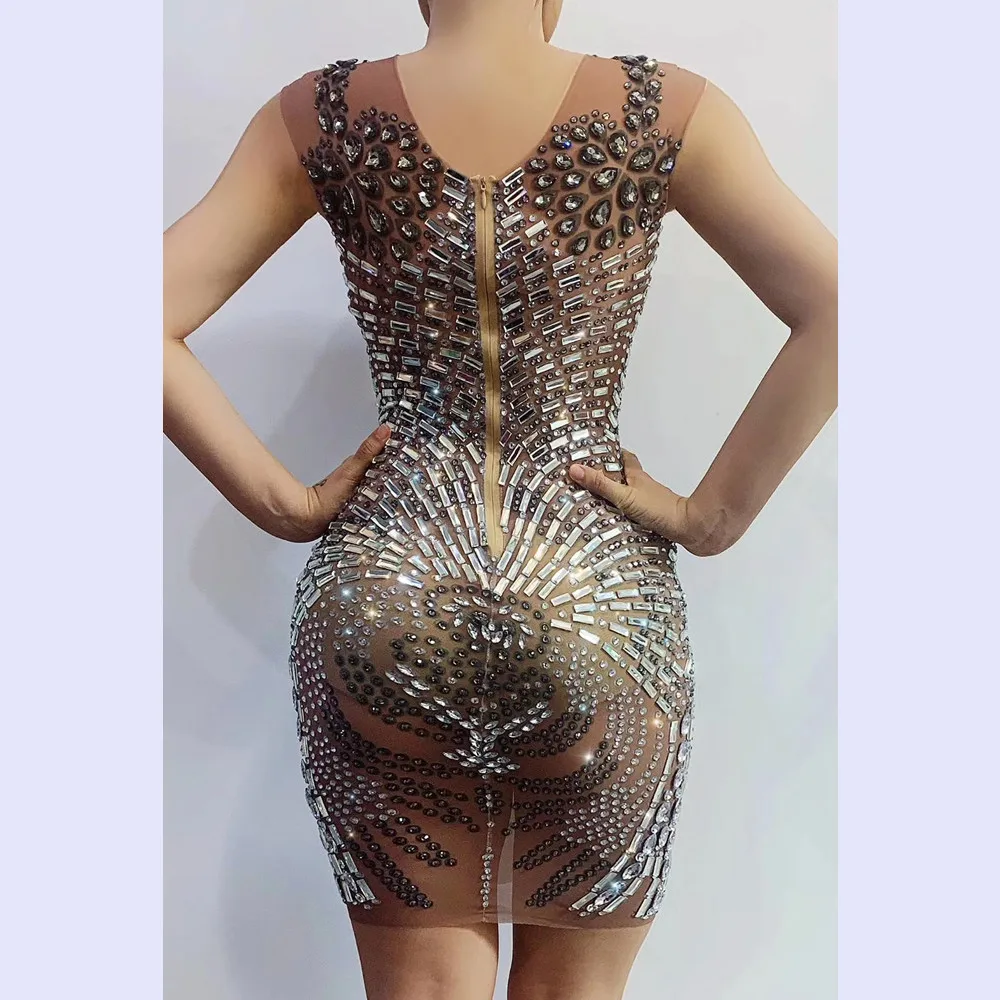 

Rhinestone Mesh Perspective Skinny Mini Dress Shining Sexy Women's Nightclub Party Performance Outfit Female Sleeveless Dress