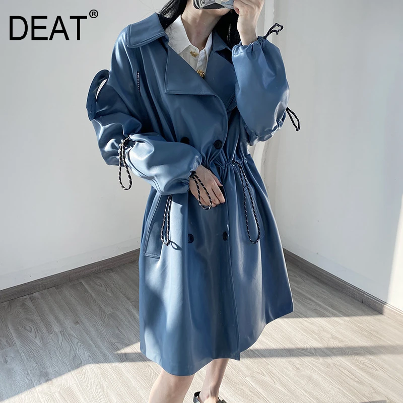 Женская ветровка из ПУ кожи DEAT свободная с отложным воротником и расклешенными