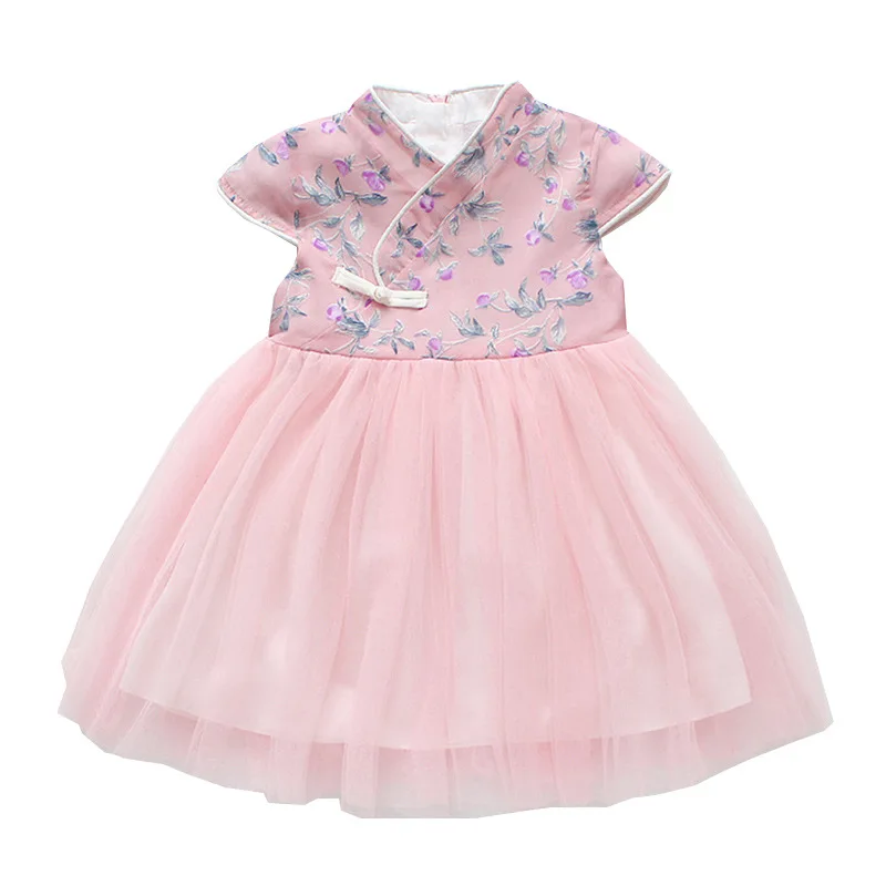 

2021 Baby Girl Chinese Dress Cheongsam Clothes Summer Style Children Mesh Floral Print Traditional Dresses Kids New Year Party